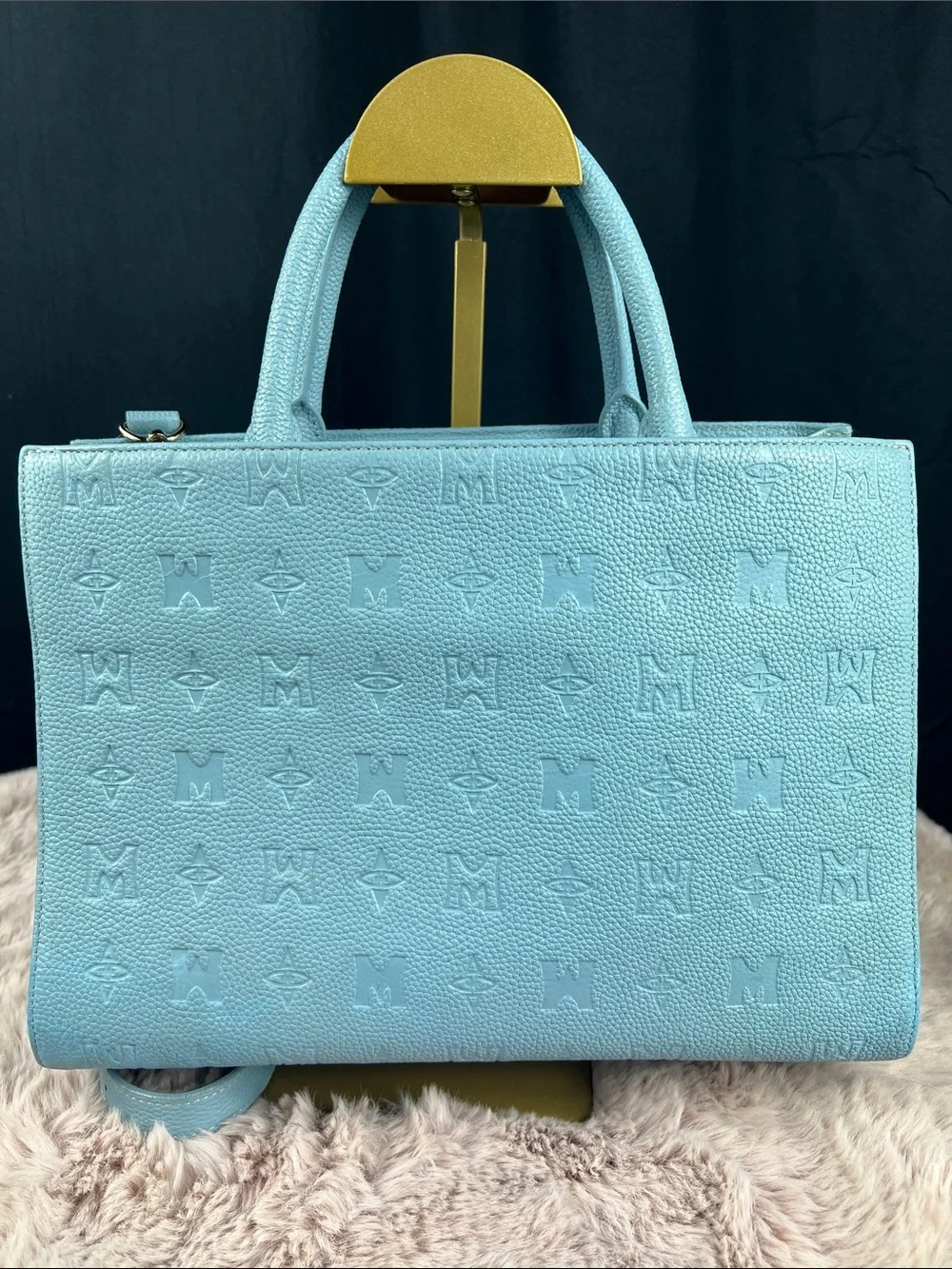 Metrocity Korean Luxury Sky Blue Debossed Leather 2-Way Tote